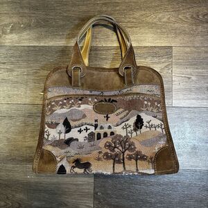 RARE VTG French Luggage Countryside & Unicorns Suede Tapestry Carryon Bag
